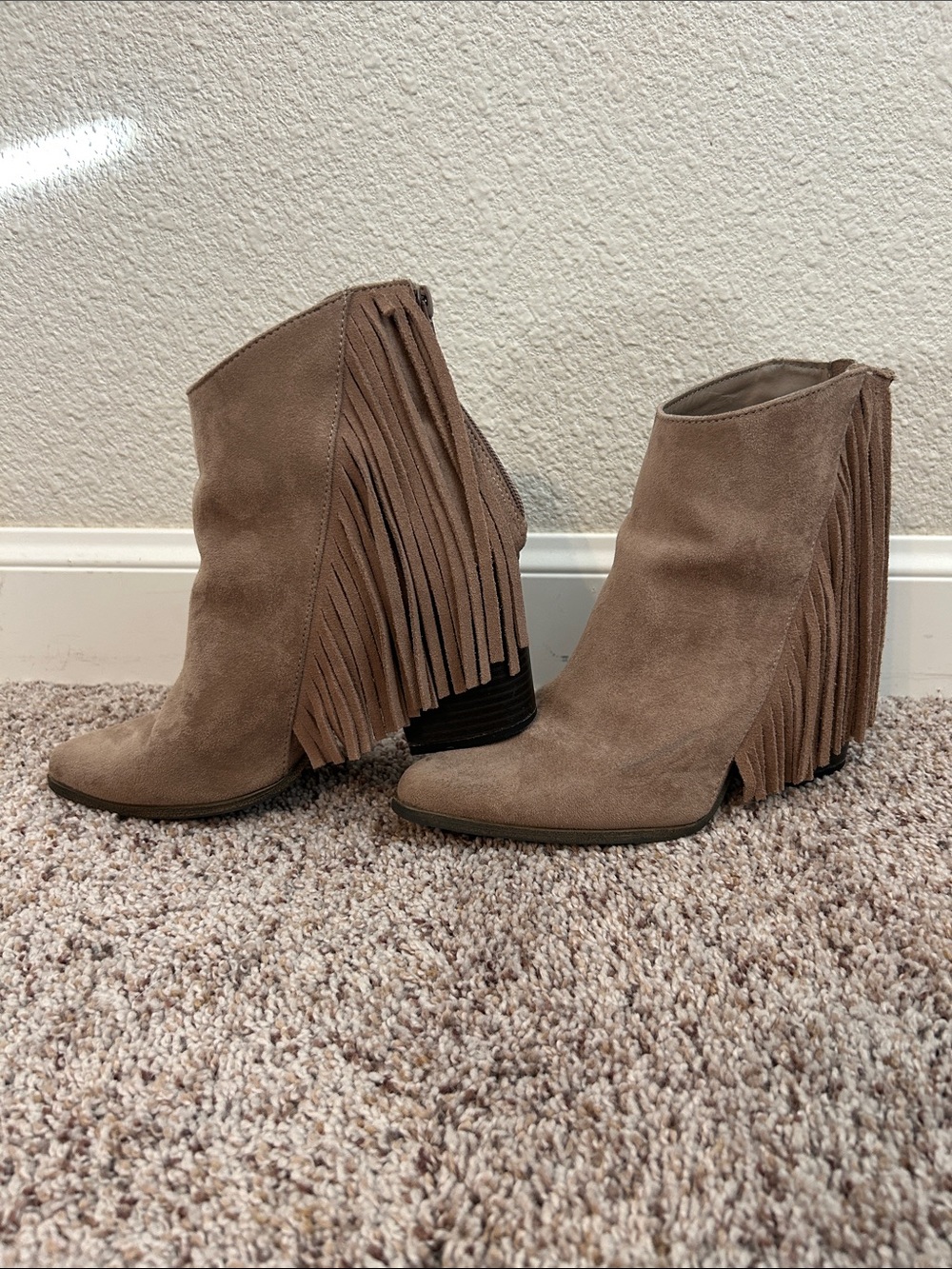 Candie's Taupe Fringe Suede Ankle Booties